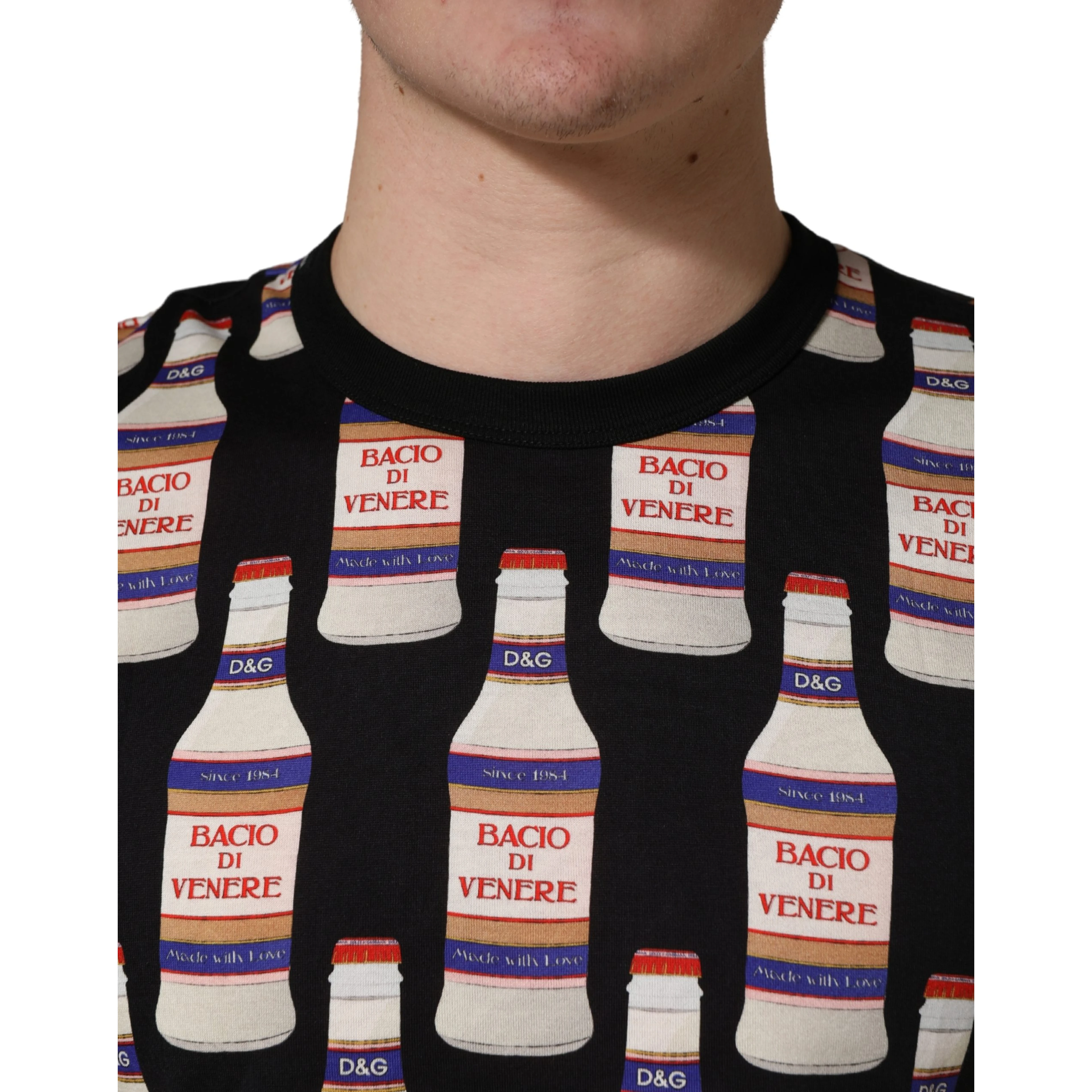Black Bottle Print Cotton Crew Neck  T-shirt