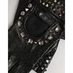 Black Embellished Wrist Length Mitten Women Gloves