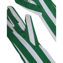 Green White Stripes Nylon Elbow Length Women Gloves