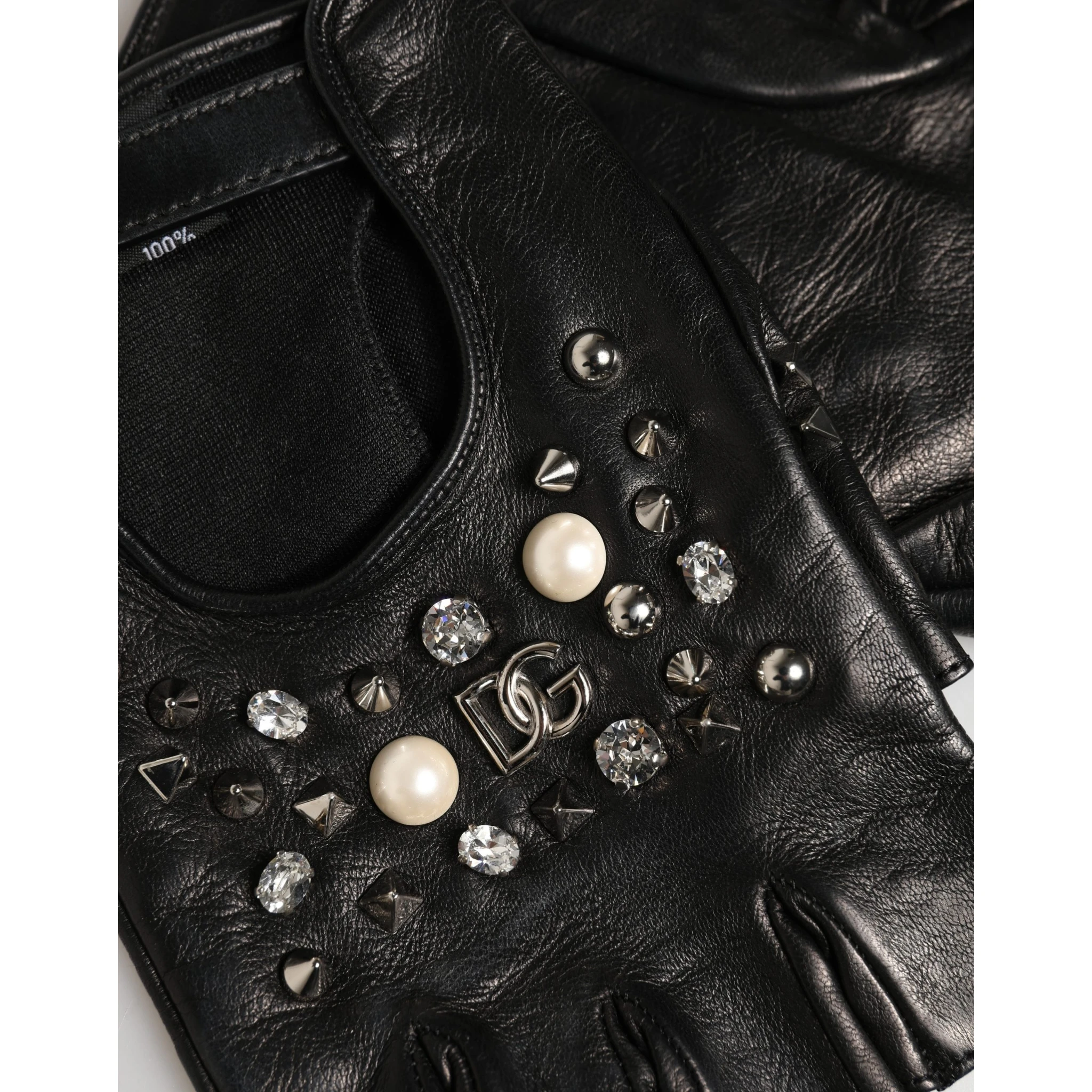 Black Embellished Wrist Length Mitten Women Gloves