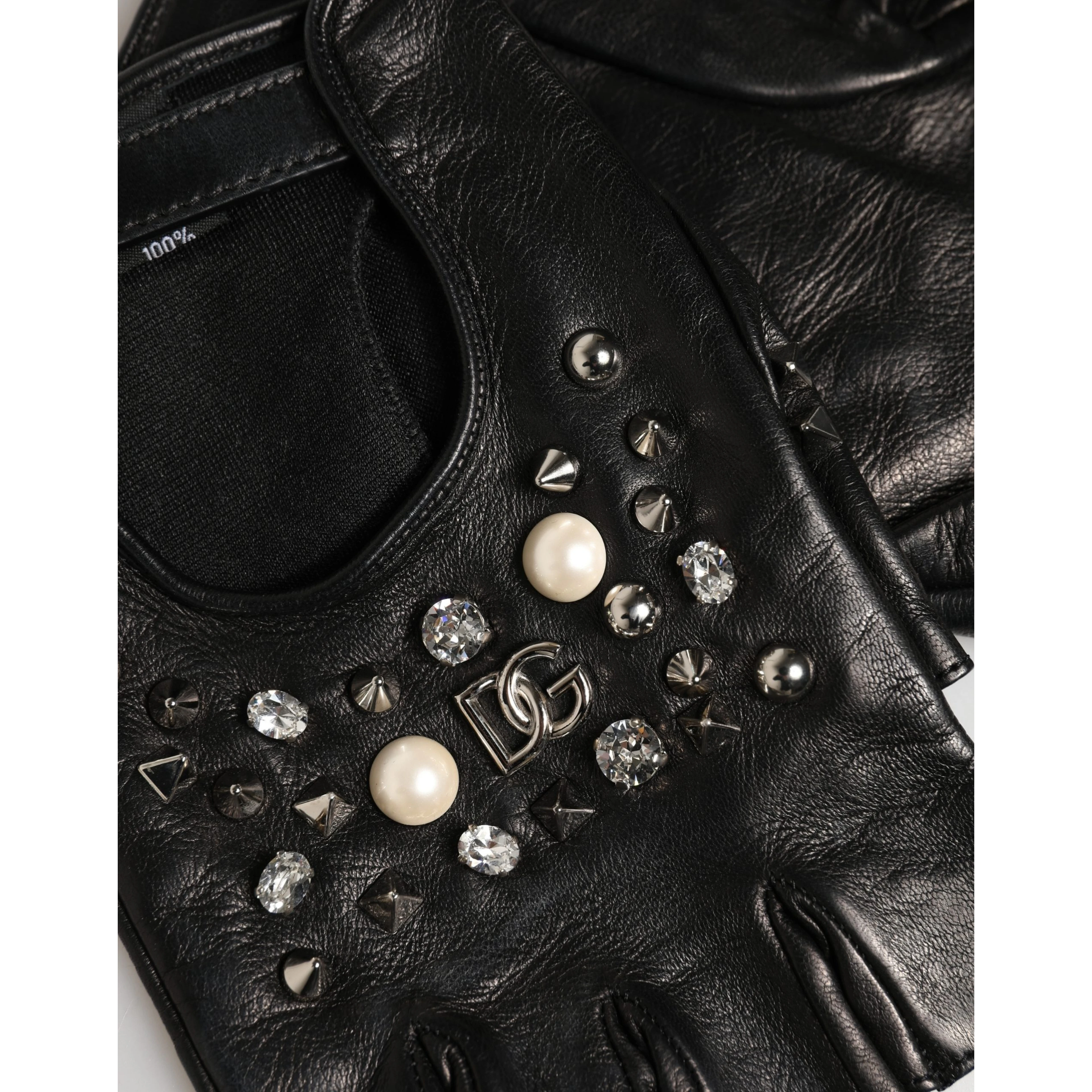 Black Embellished Wrist Length Mitten Women Gloves