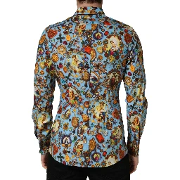 Blue Cotton Jewel Print Button Down GOLD Shirt