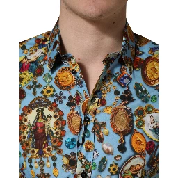 Blue Cotton Jewel Print Button Down GOLD Shirt