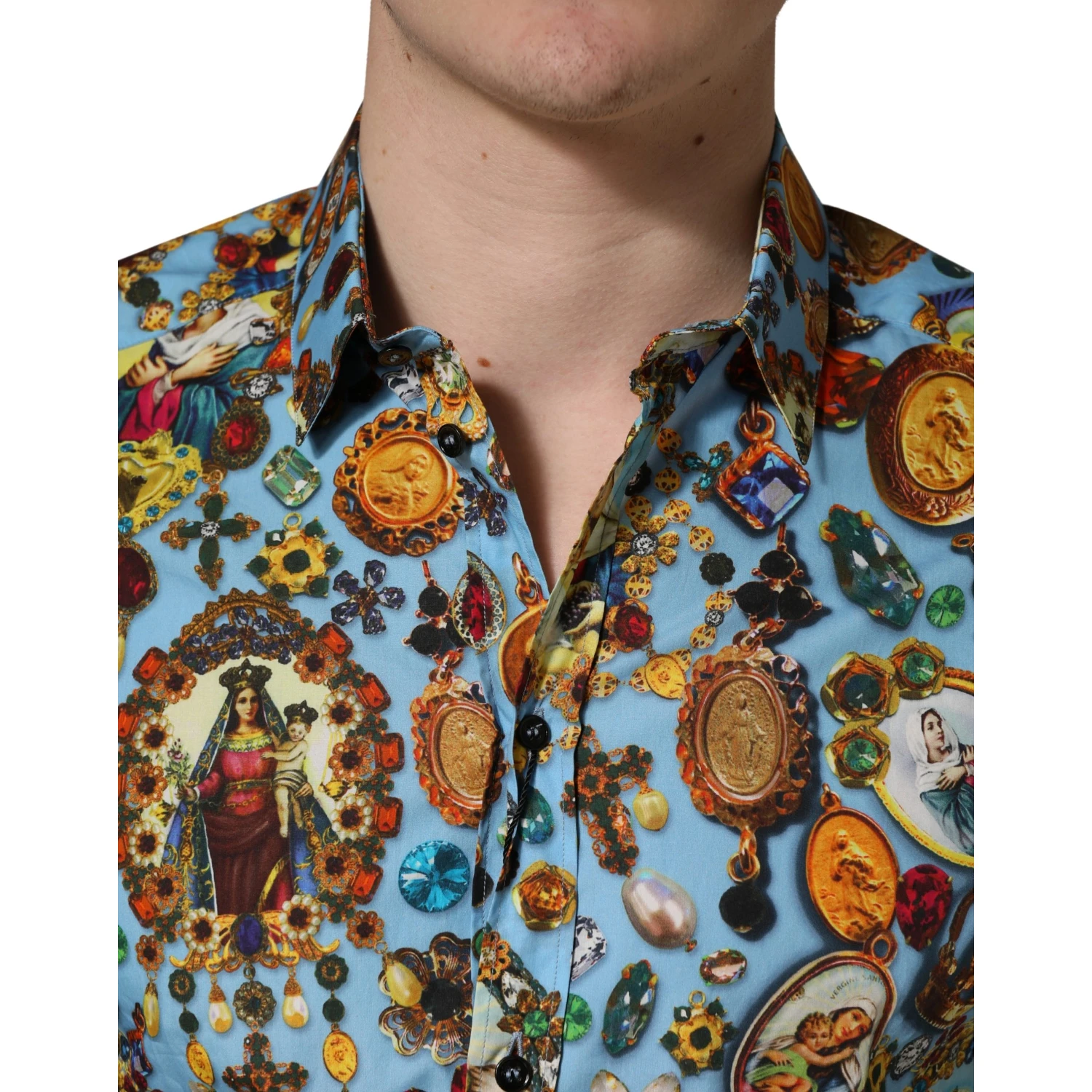 Blue Cotton Jewel Print Button Down GOLD Shirt
