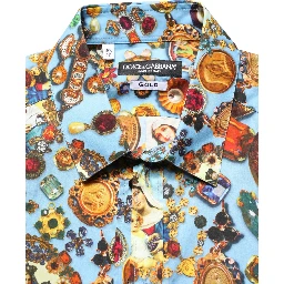 Blue Cotton Jewel Print Button Down GOLD Shirt