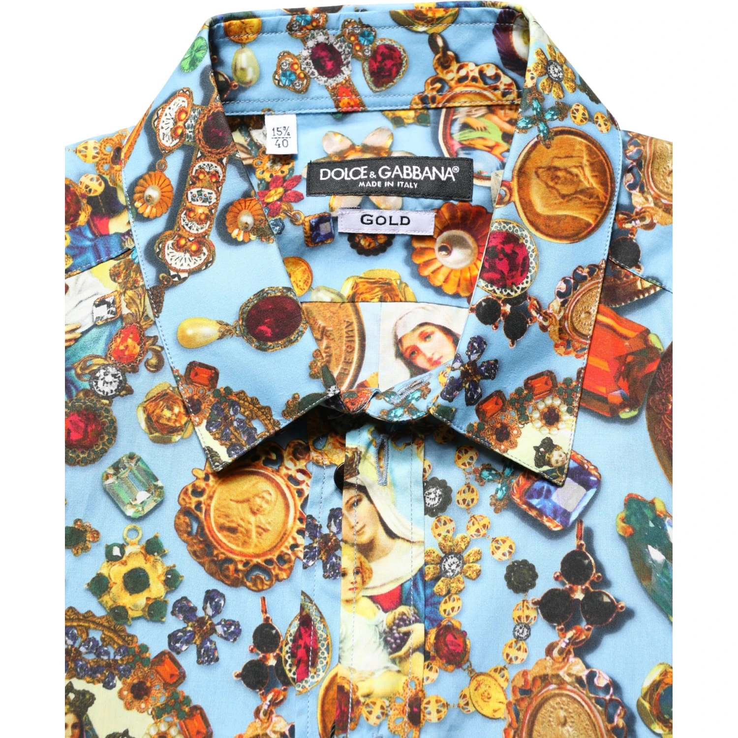 Blue Cotton Jewel Print Button Down GOLD Shirt