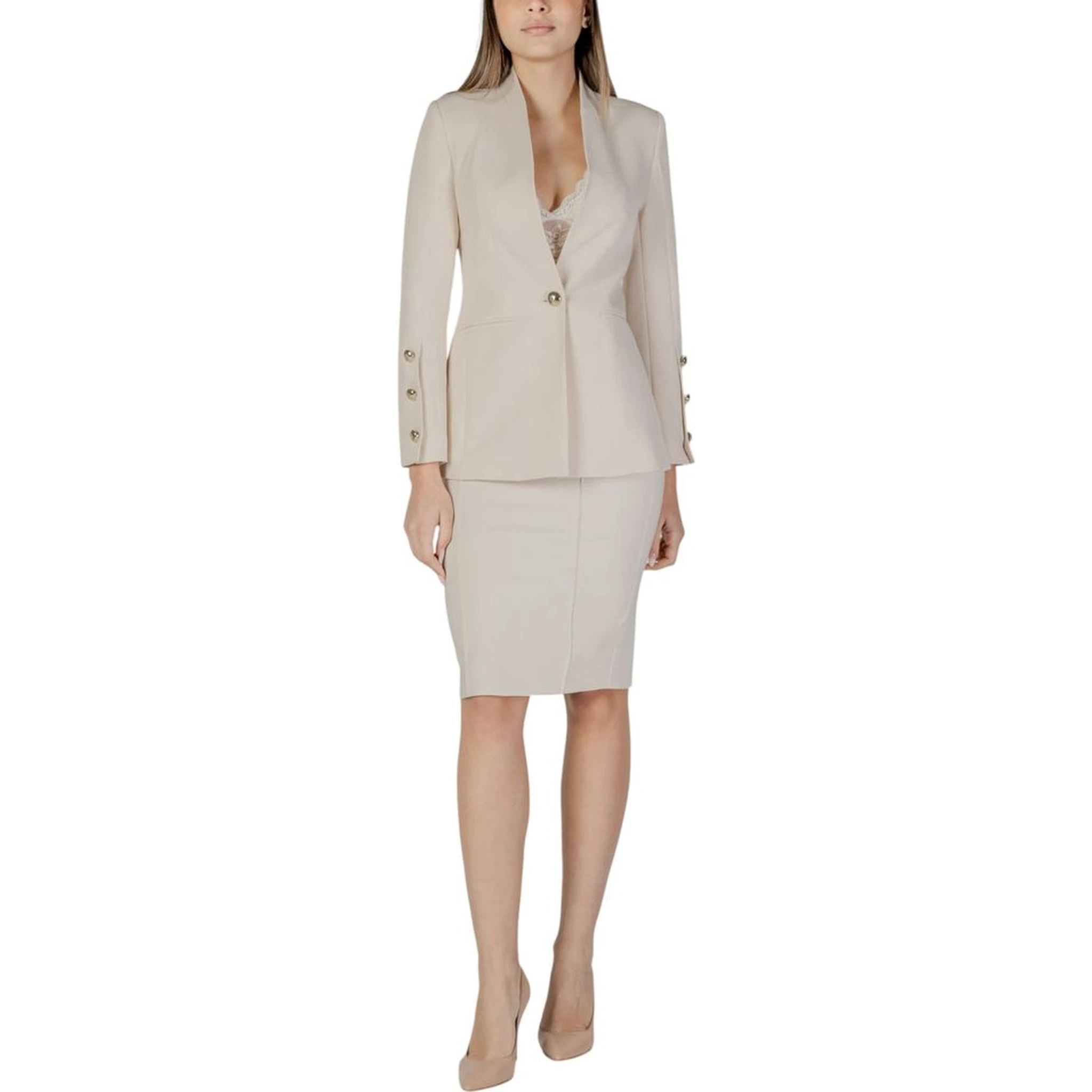 Beige Polyester Midi Skirt