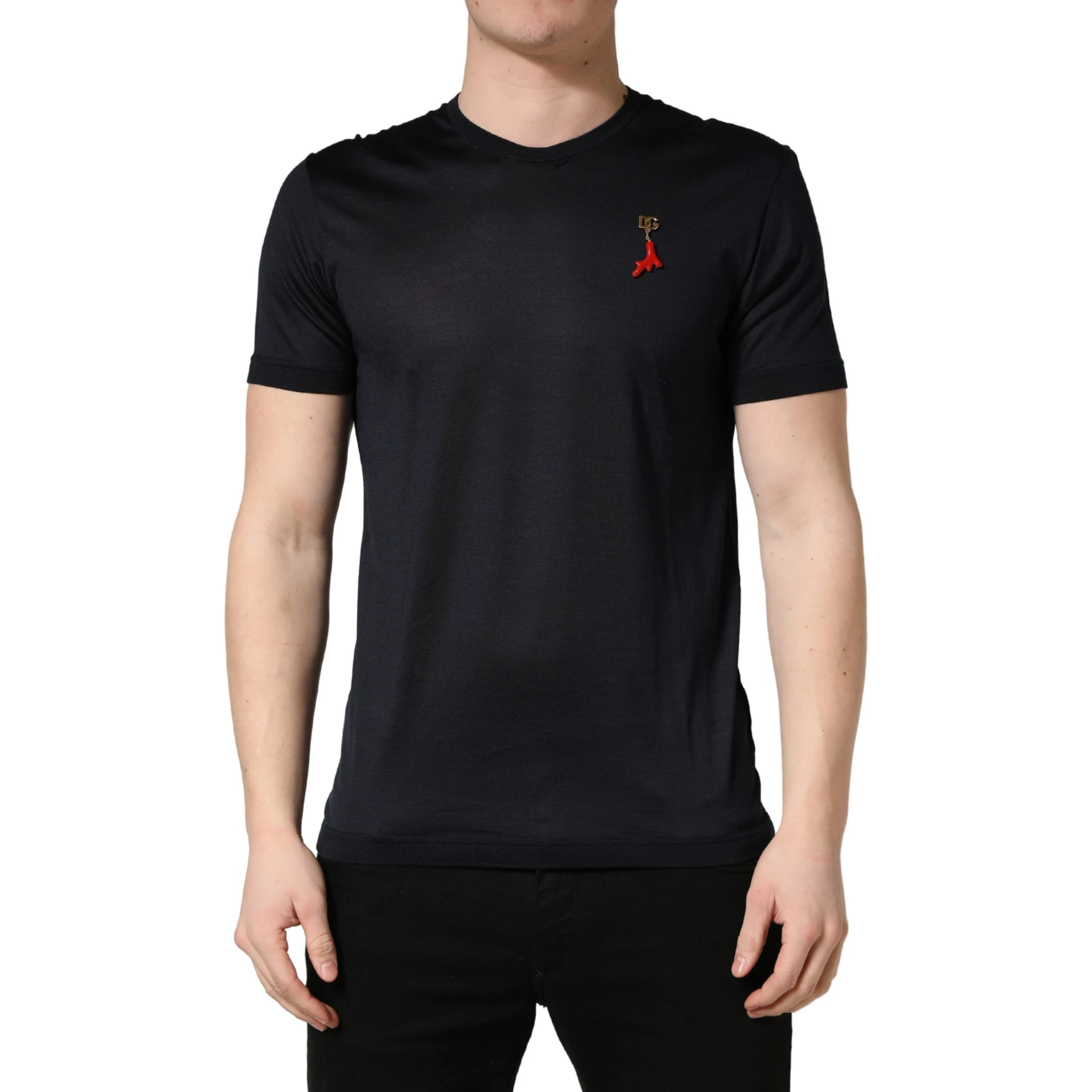 Dark Blue DG Logo Silk Men Crew Neck T-shirt