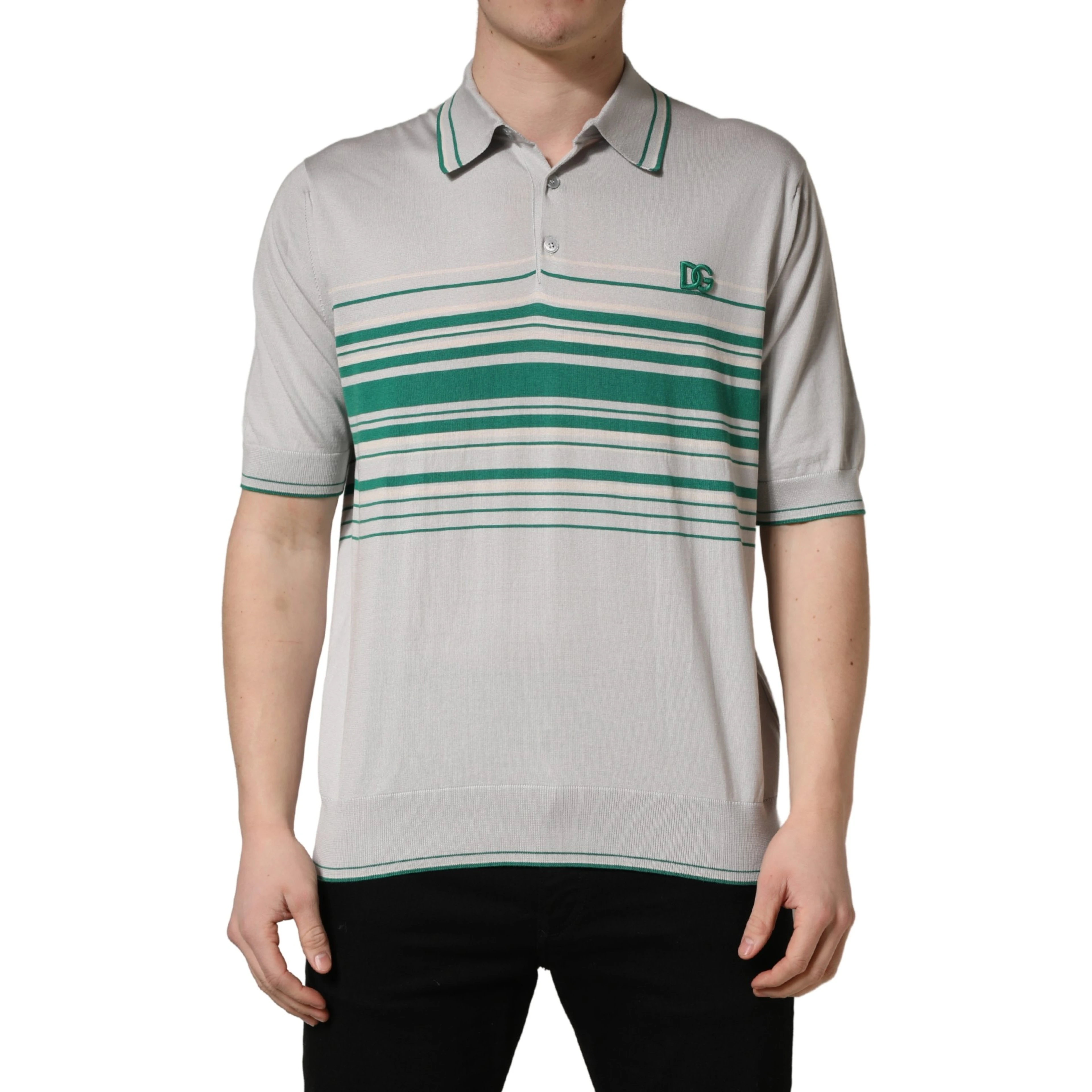 Gray Green Striped Logo Silk Polo T-shirt