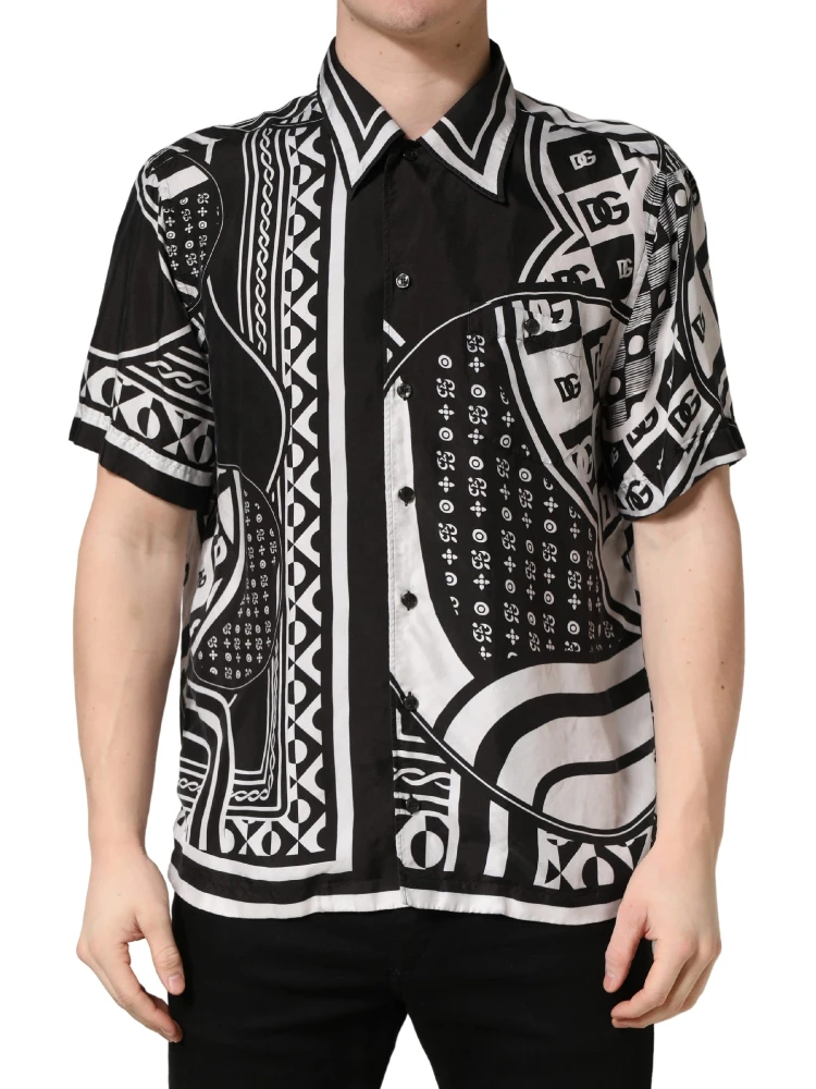 Black White Bandana Print Collared Shirt