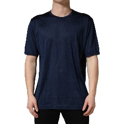 Dark Blue Silk Short Sleeve CrewNeck T-shirt