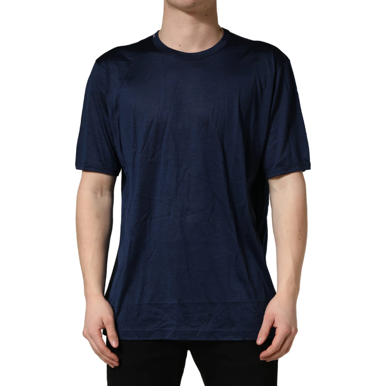 Dark Blue Silk Short Sleeve CrewNeck T-shirt