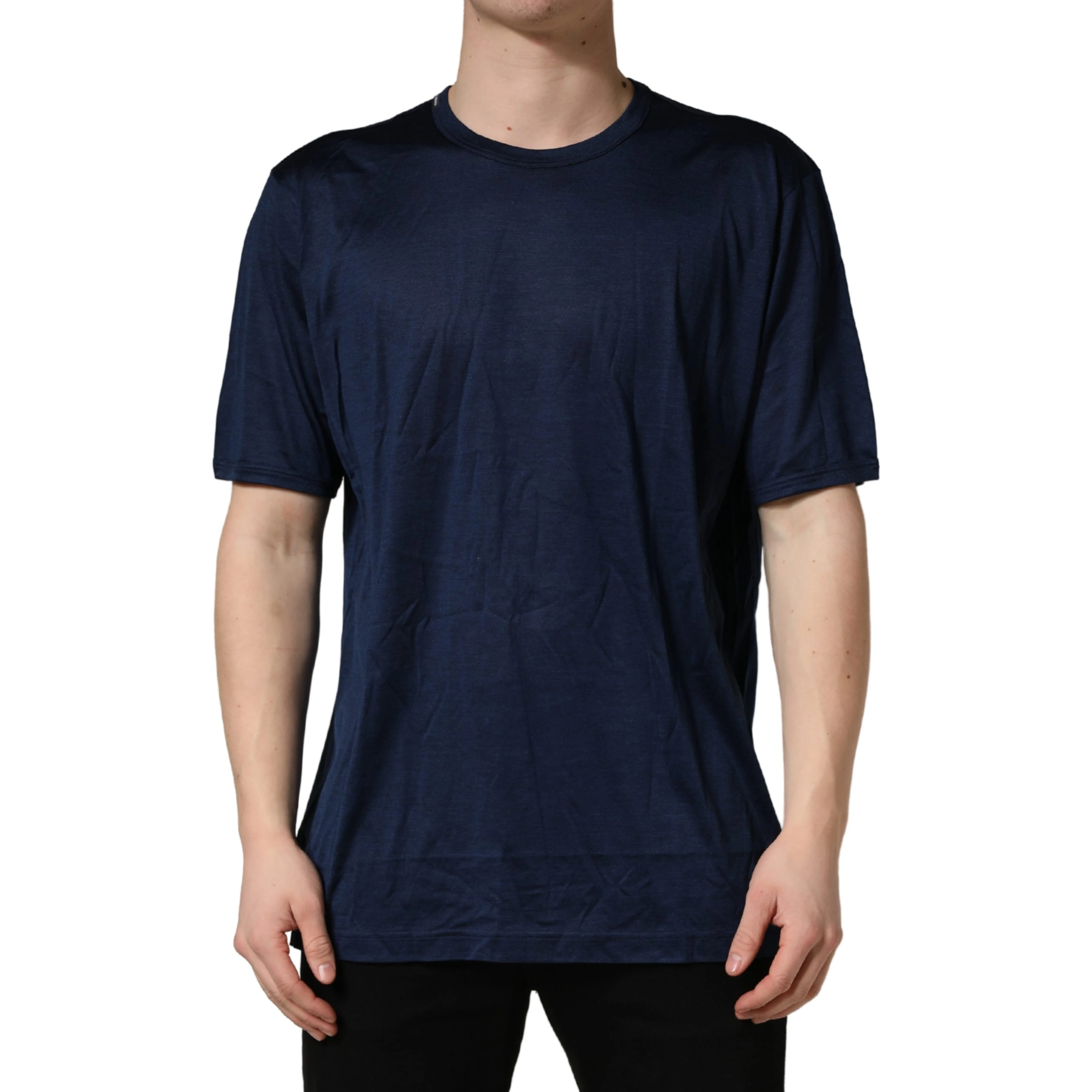 Dark Blue Silk Short Sleeve CrewNeck T-shirt