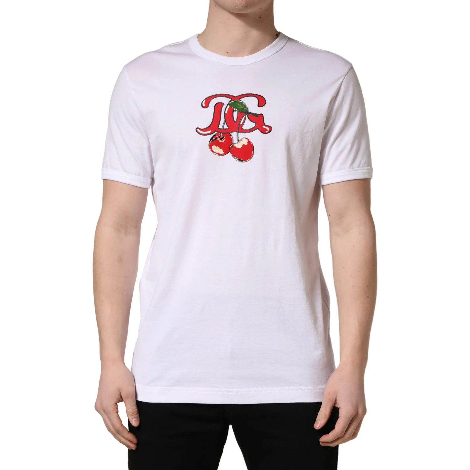 White DG Cherries Cotton Crew Neck  T-shirt