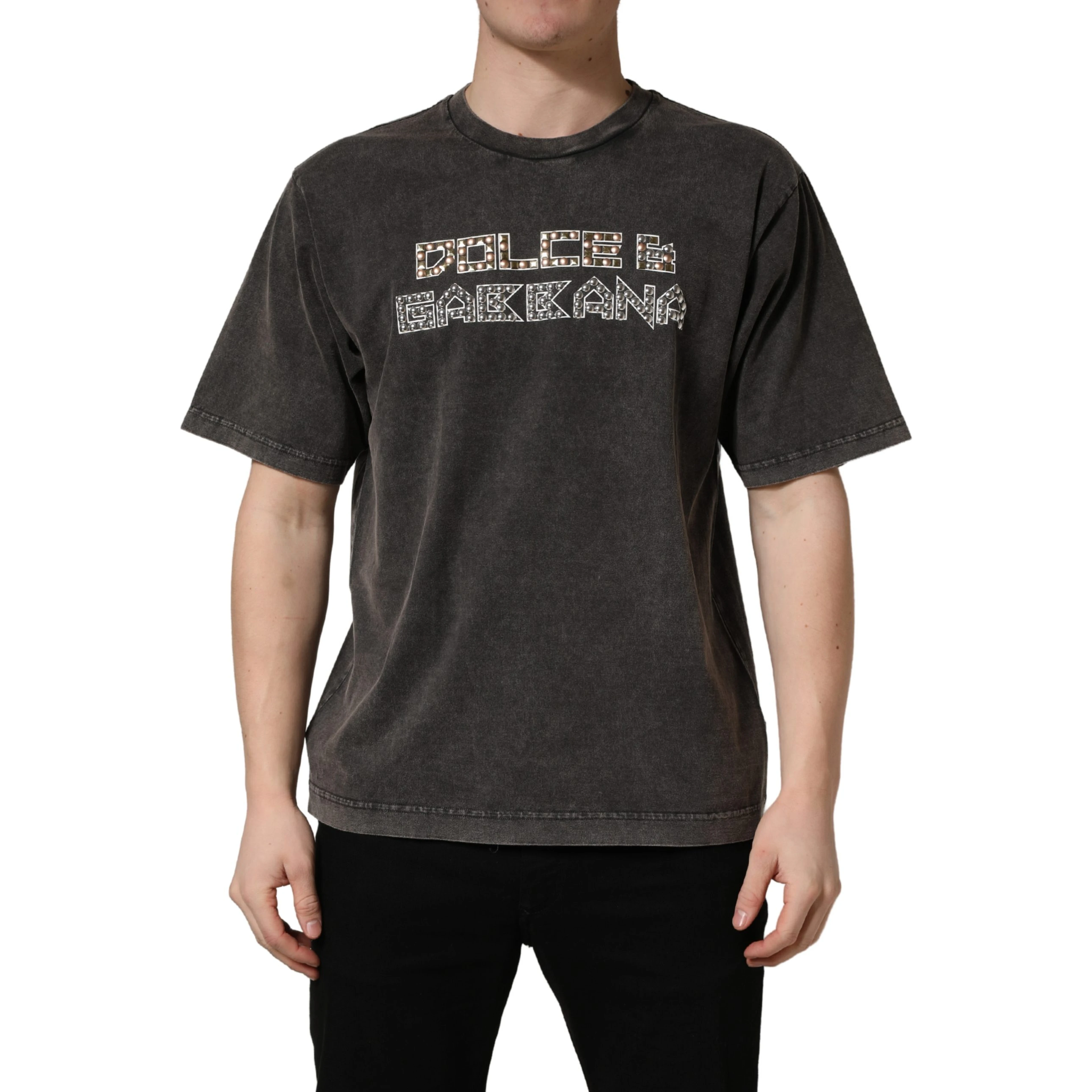 Gray Logo Embellished Men Crew Neck T-shirt