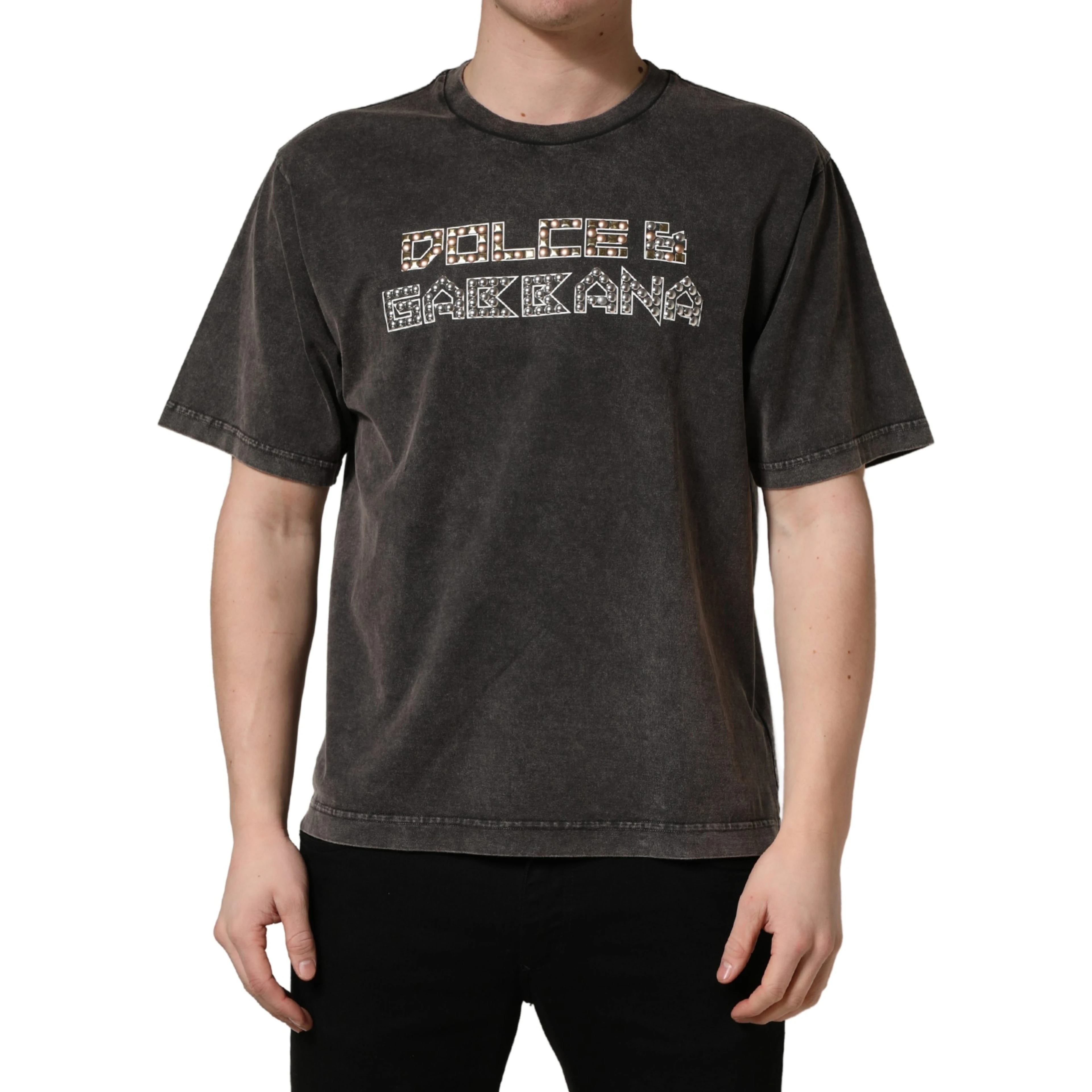 Gray Logo Embellished Men Crew Neck T-shirt