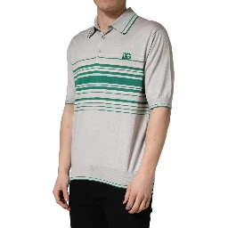 Gray Green Striped Logo Silk Polo T-shirt