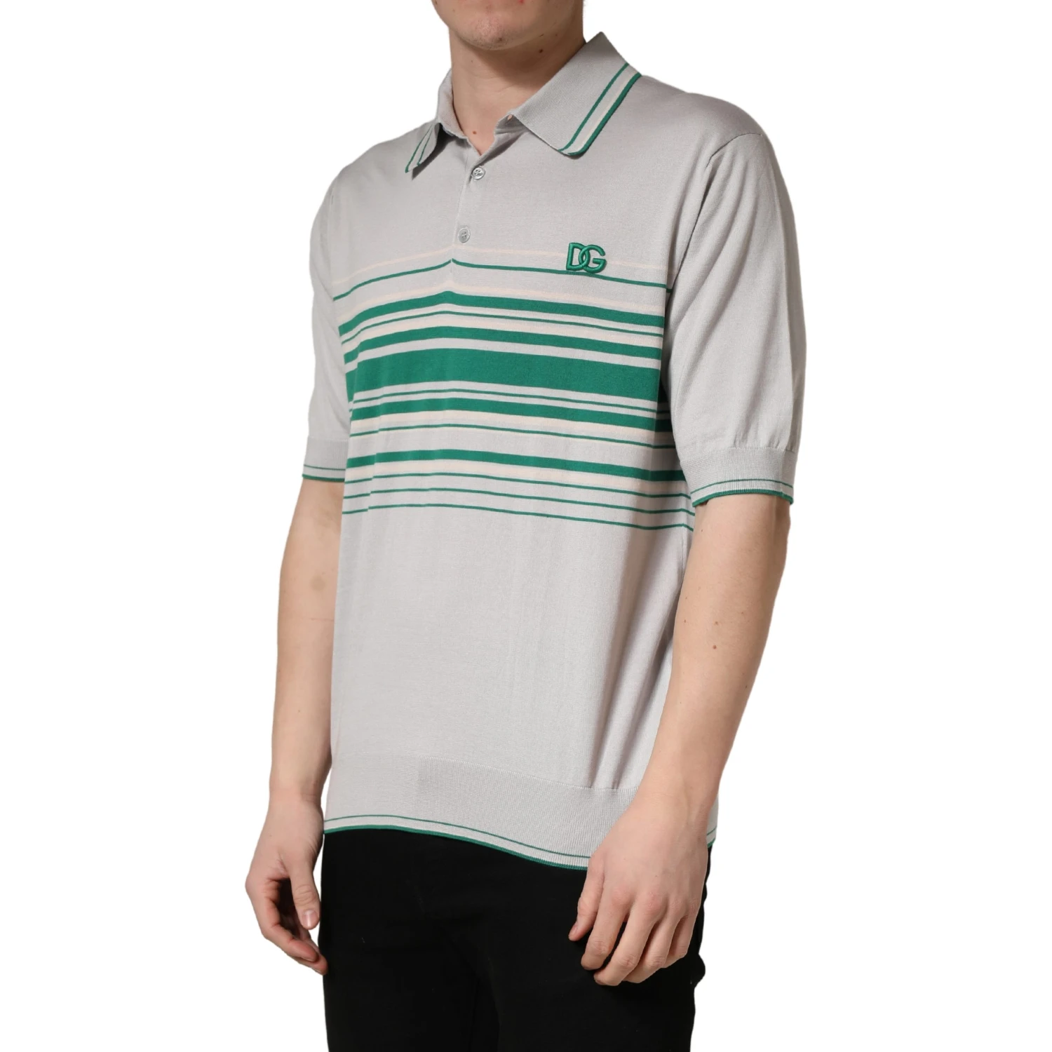 Gray Green Striped Logo Silk Polo T-shirt