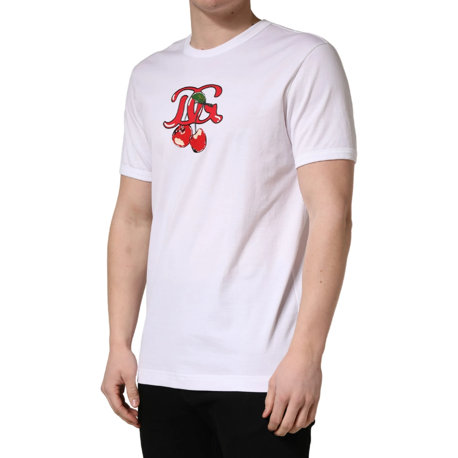 White DG Cherries Cotton Crew Neck  T-shirt