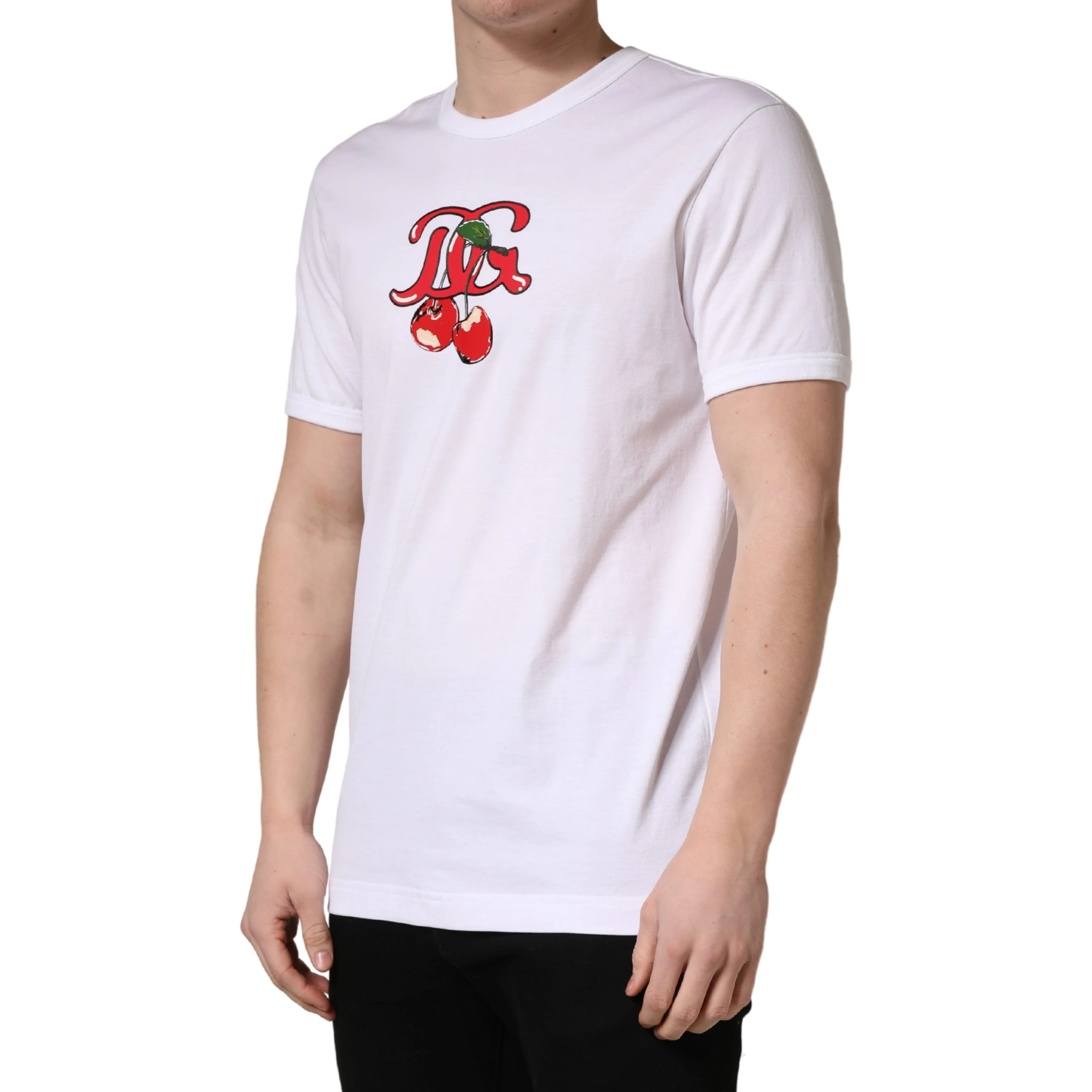 White DG Cherries Cotton Crew Neck  T-shirt