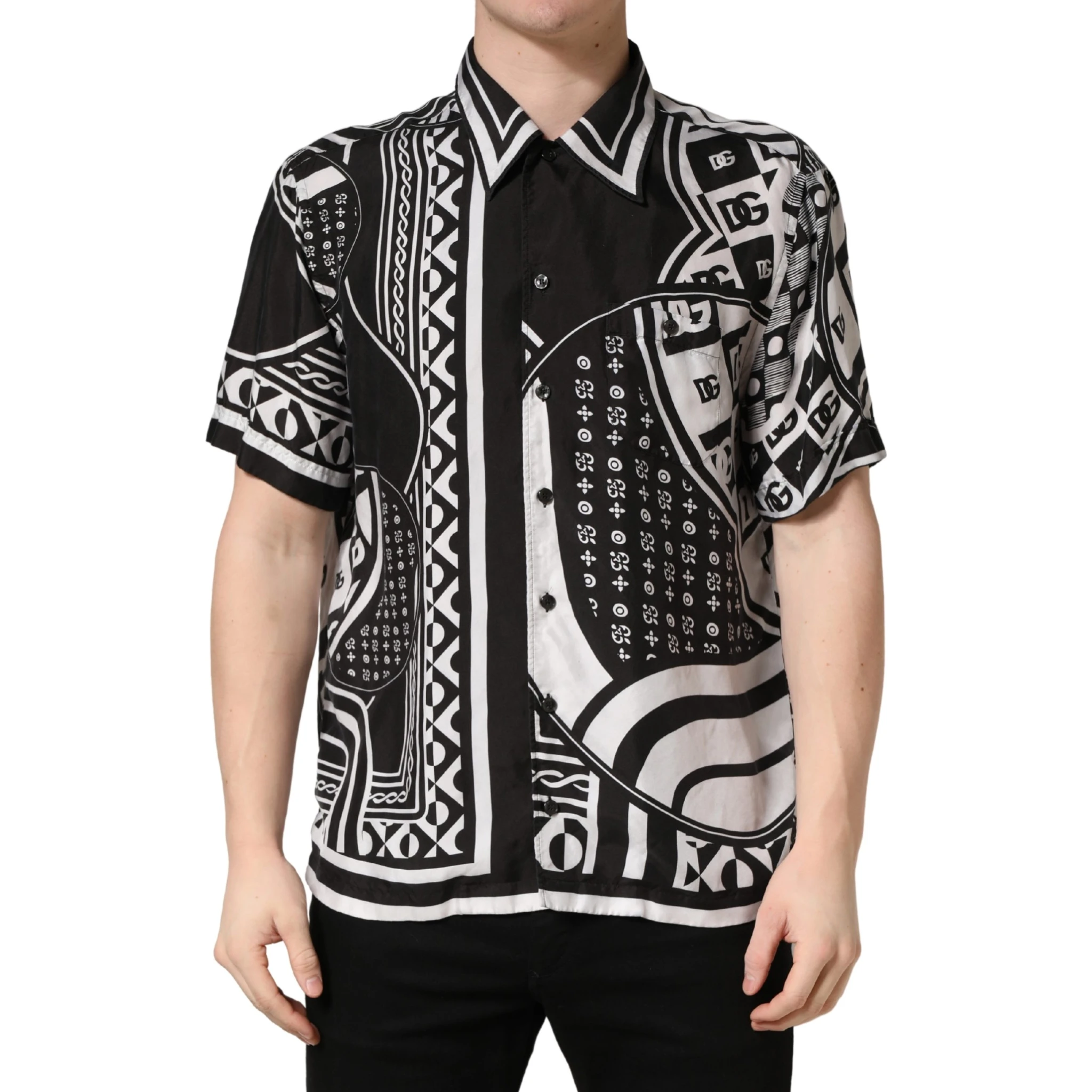 Black White Bandana Print Collared Shirt
