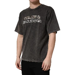 Gray Logo Embellished Men Crew Neck T-shirt