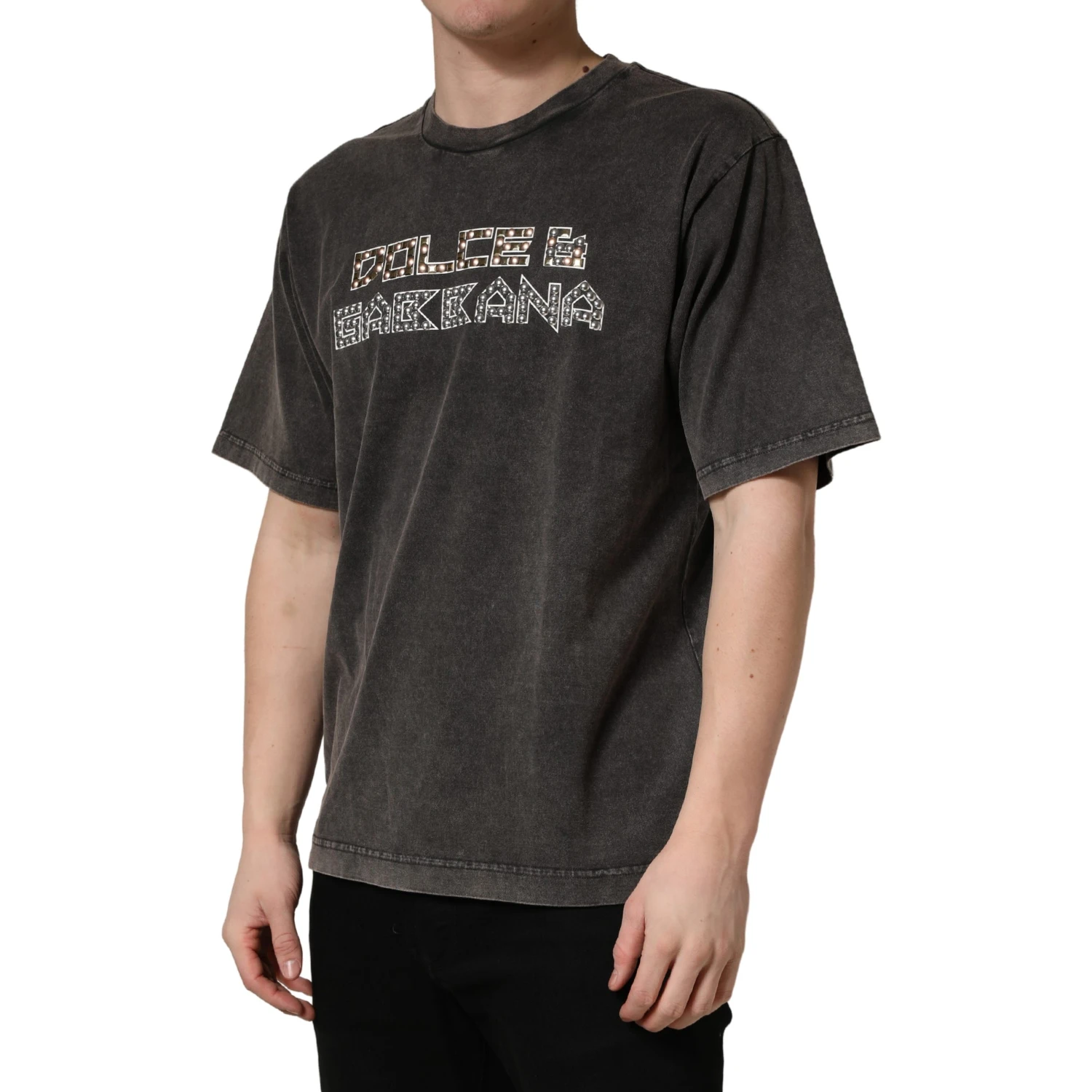 Gray Logo Embellished Men Crew Neck T-shirt