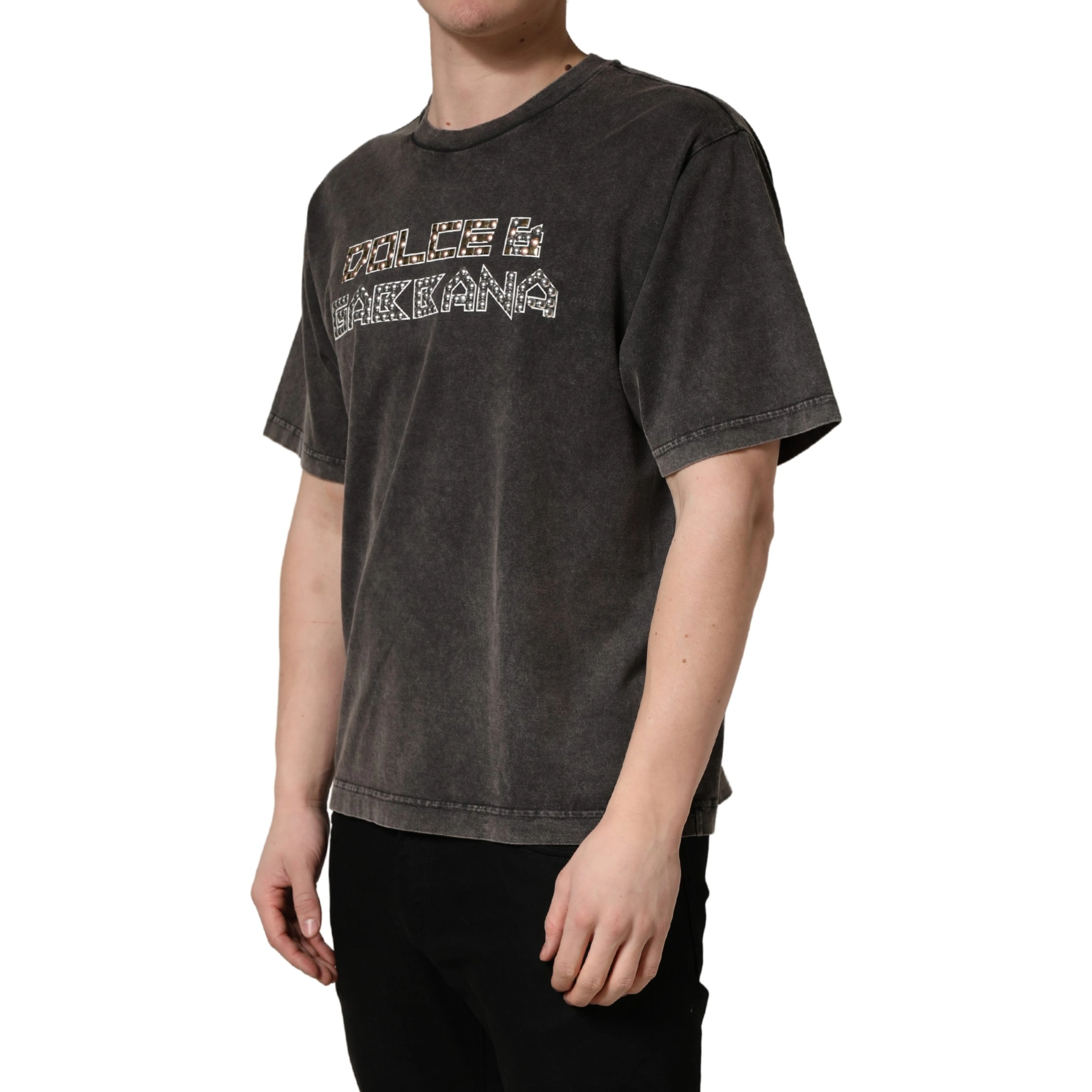 Gray Logo Embellished Men Crew Neck T-shirt