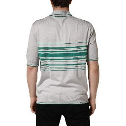 Gray Green Striped Logo Silk Polo T-shirt