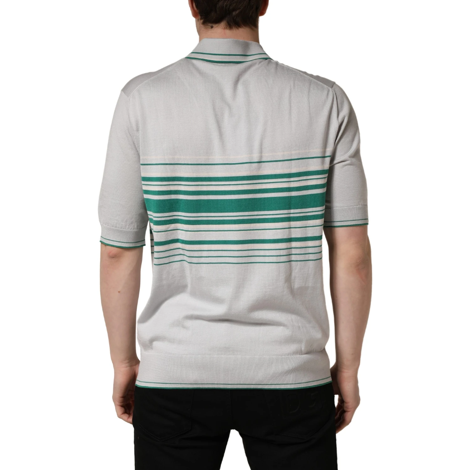Gray Green Striped Logo Silk Polo T-shirt