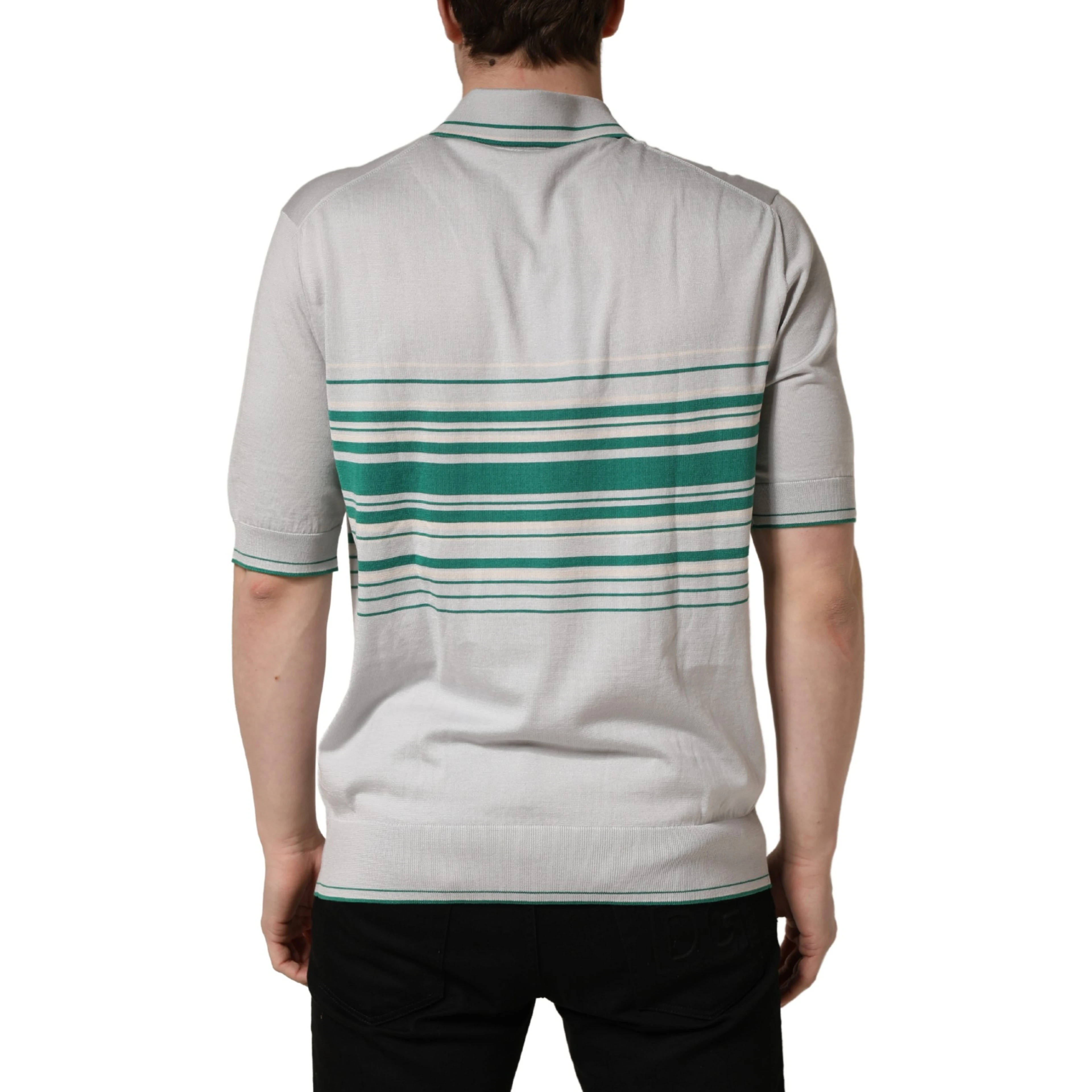Gray Green Striped Logo Silk Polo T-shirt