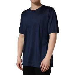 Dark Blue Silk Short Sleeve CrewNeck T-shirt