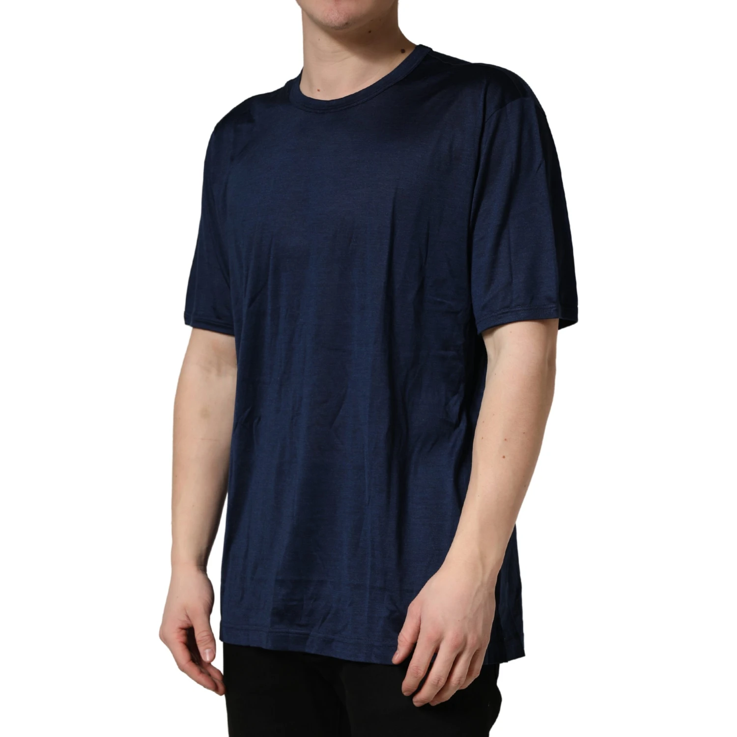 Dark Blue Silk Short Sleeve CrewNeck T-shirt