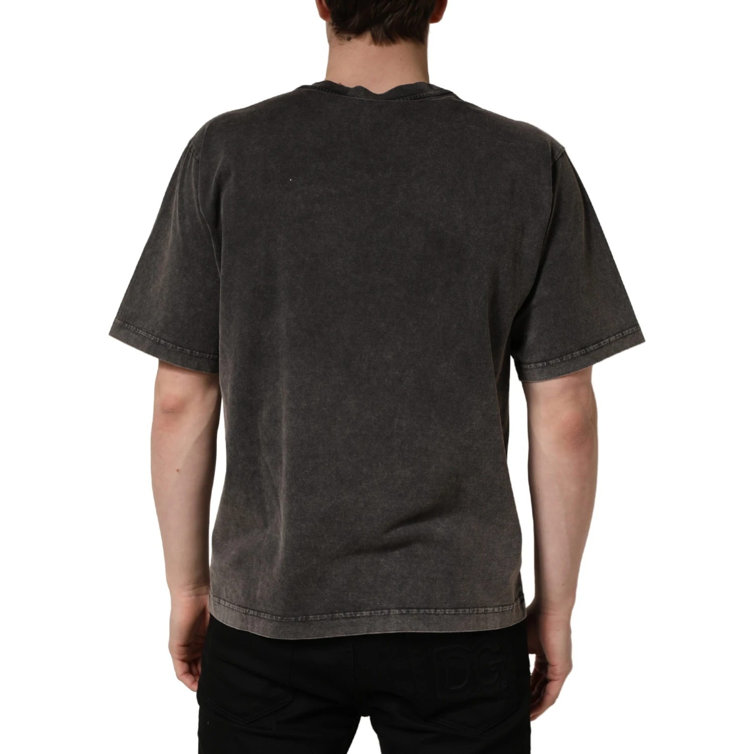 Gray Logo Embellished Men Crew Neck T-shirt