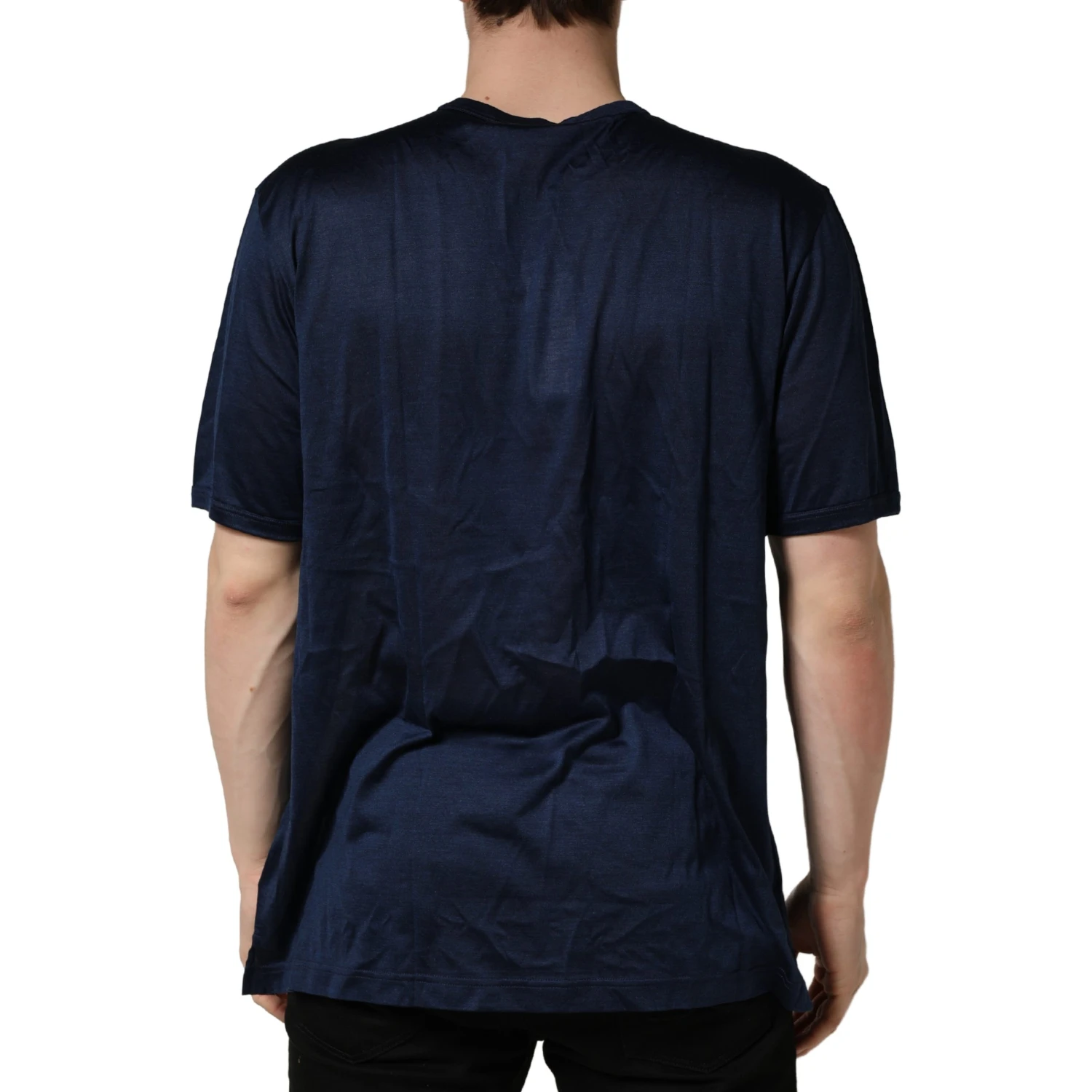 Dark Blue Silk Short Sleeve CrewNeck T-shirt