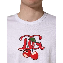 White DG Cherries Cotton Crew Neck  T-shirt