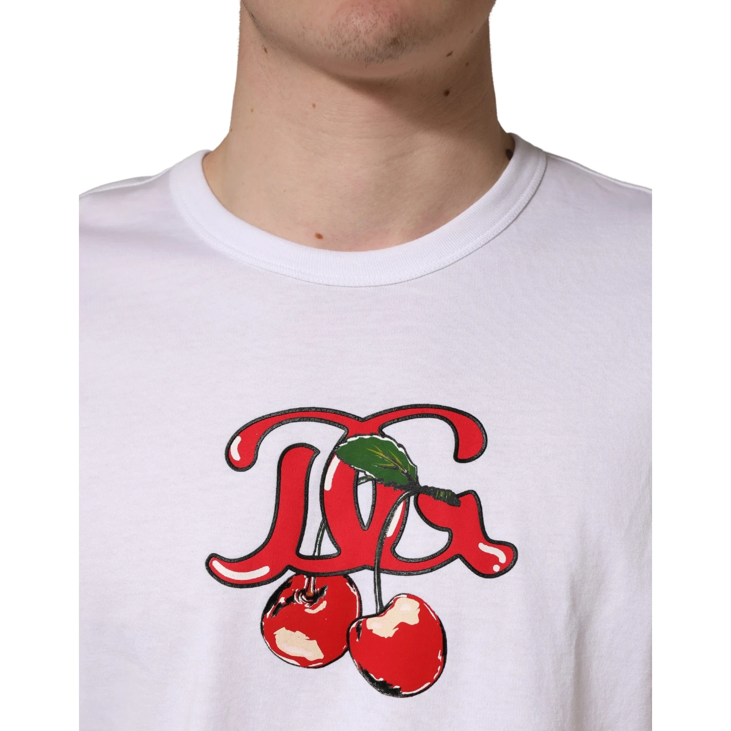 White DG Cherries Cotton Crew Neck  T-shirt