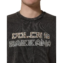 Gray Logo Embellished Men Crew Neck T-shirt