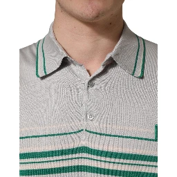 Gray Green Striped Logo Silk Polo T-shirt
