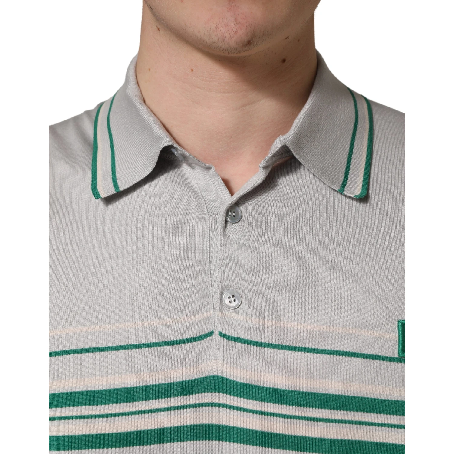 Gray Green Striped Logo Silk Polo T-shirt