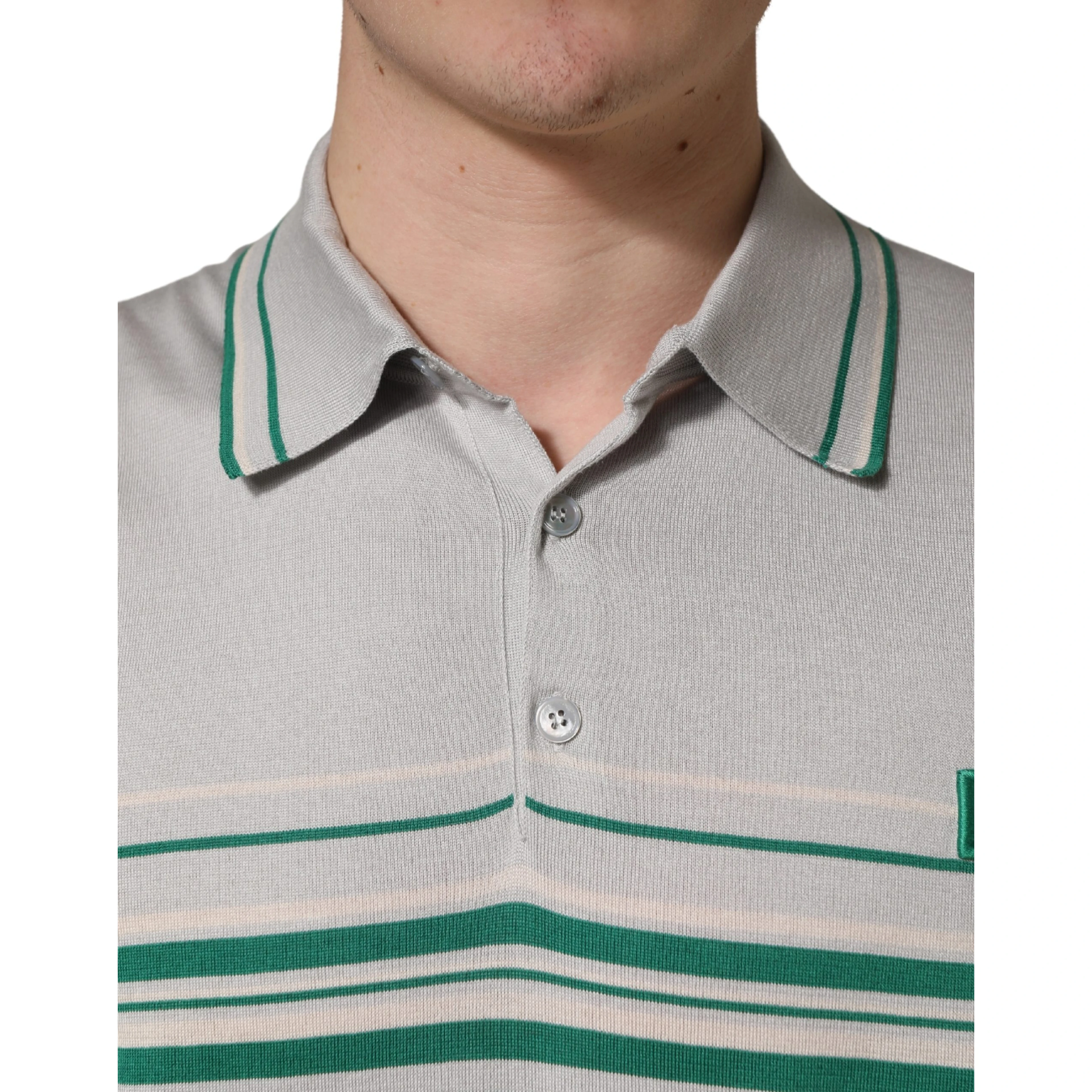 Gray Green Striped Logo Silk Polo T-shirt
