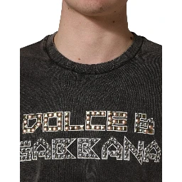 Gray Logo Embellished Men Crew Neck T-shirt
