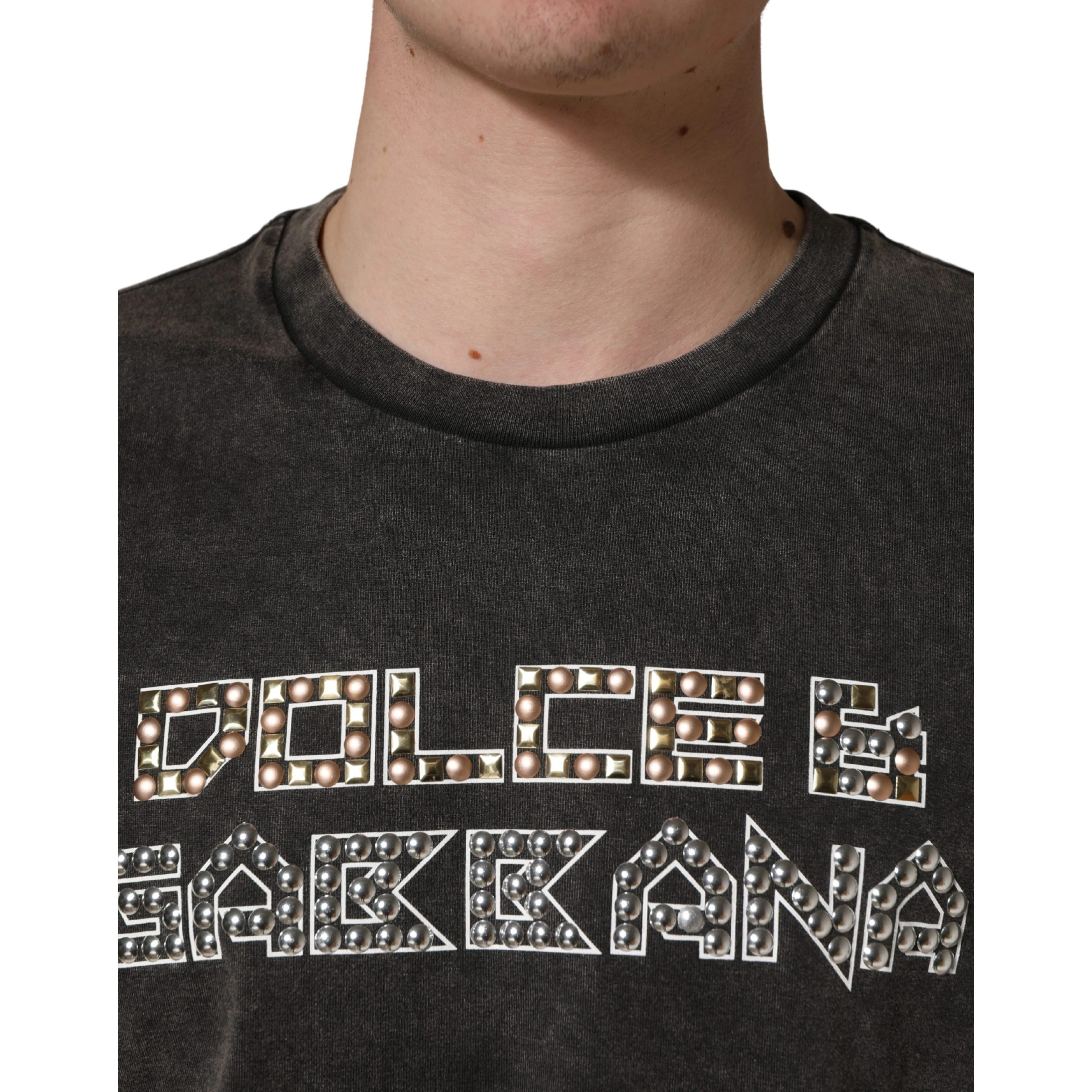 Gray Logo Embellished Men Crew Neck T-shirt