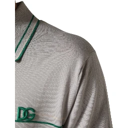 Gray Green Striped Logo Silk Polo T-shirt