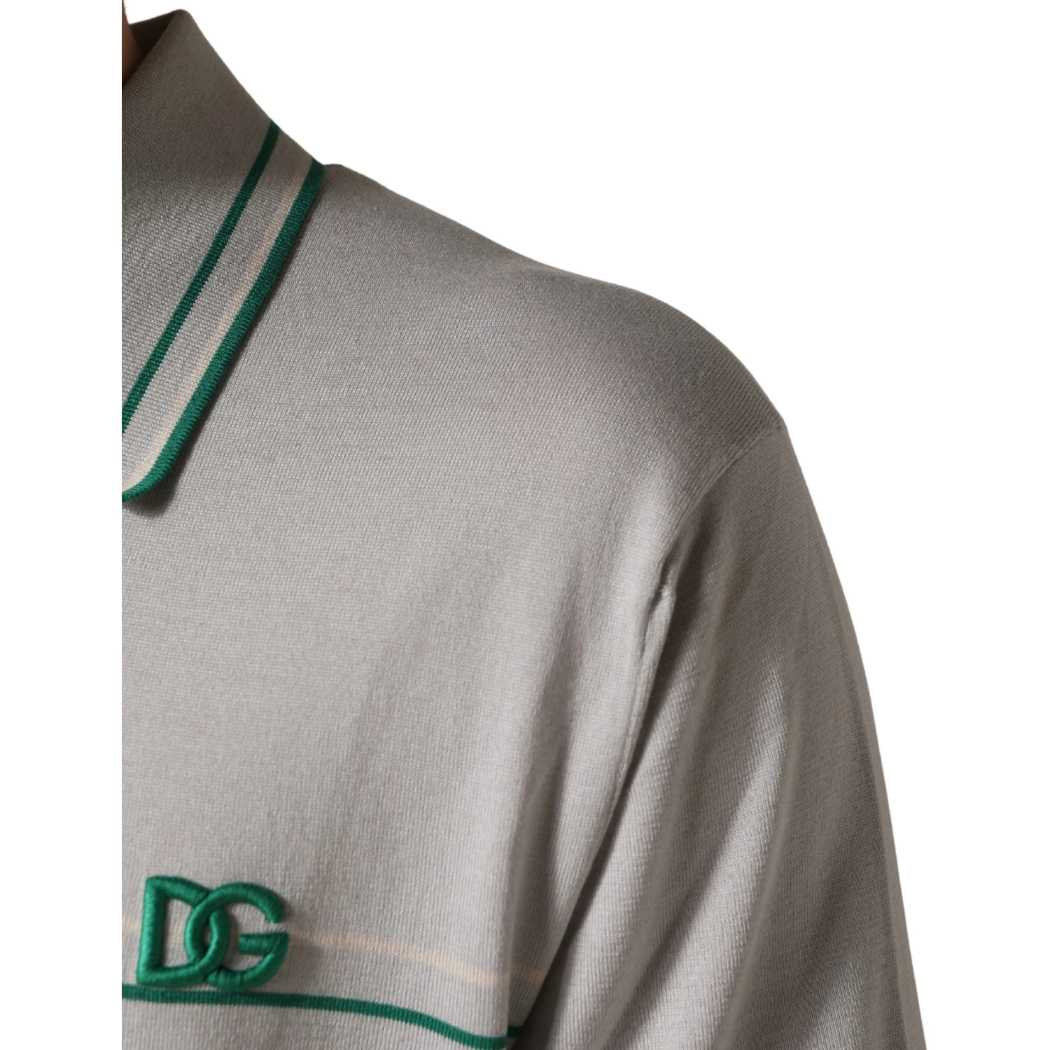 Gray Green Striped Logo Silk Polo T-shirt