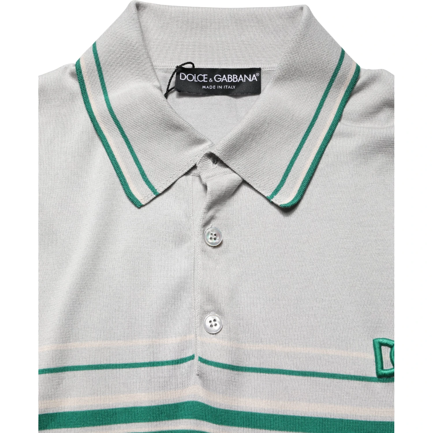Gray Green Striped Logo Silk Polo T-shirt