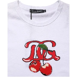 White DG Cherries Cotton Crew Neck  T-shirt