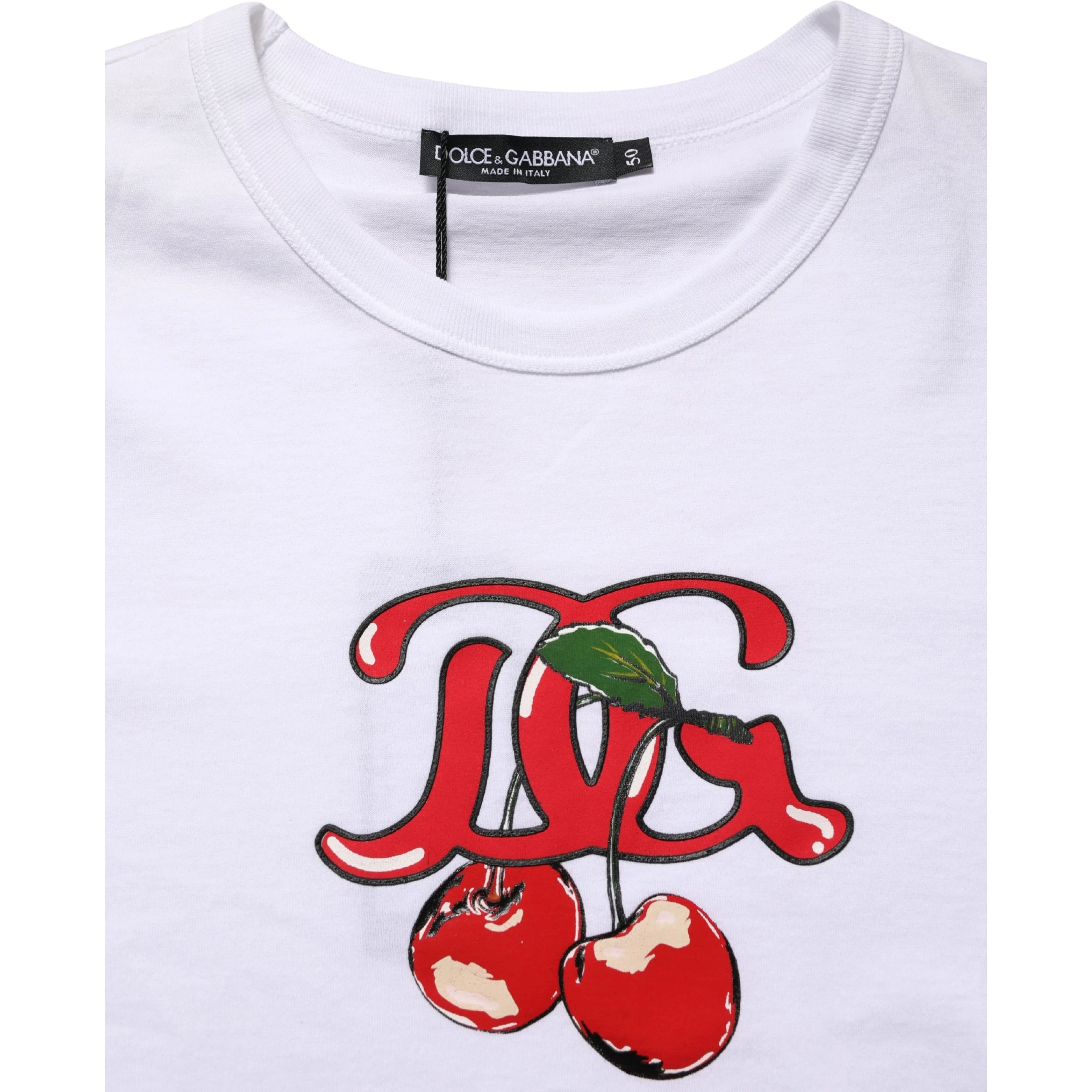 White DG Cherries Cotton Crew Neck  T-shirt