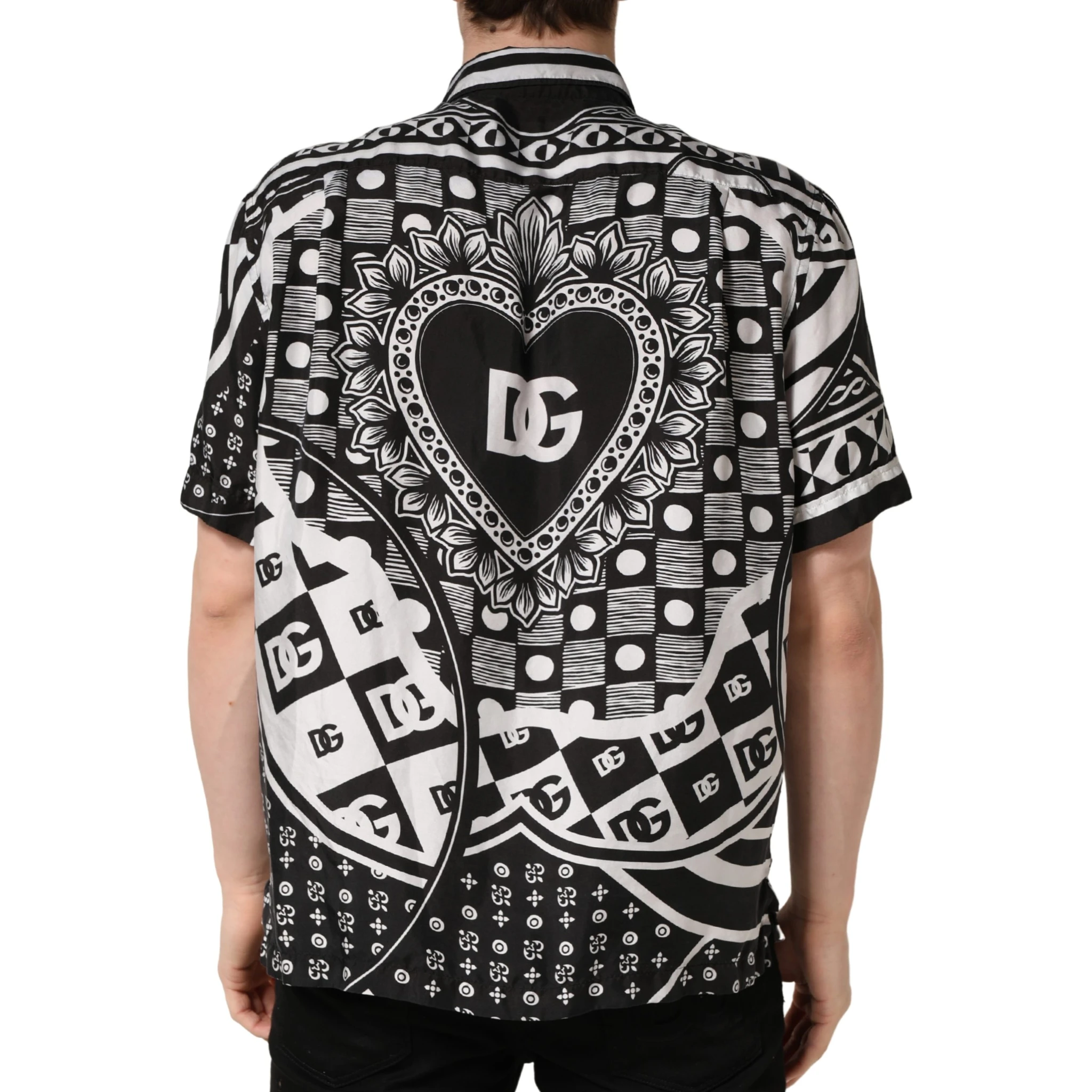 Black White Bandana Print Collared Shirt