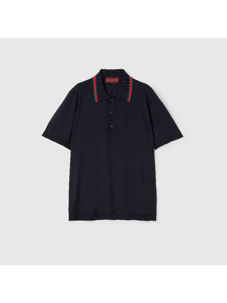 Wool knit polo shirt with Web detail